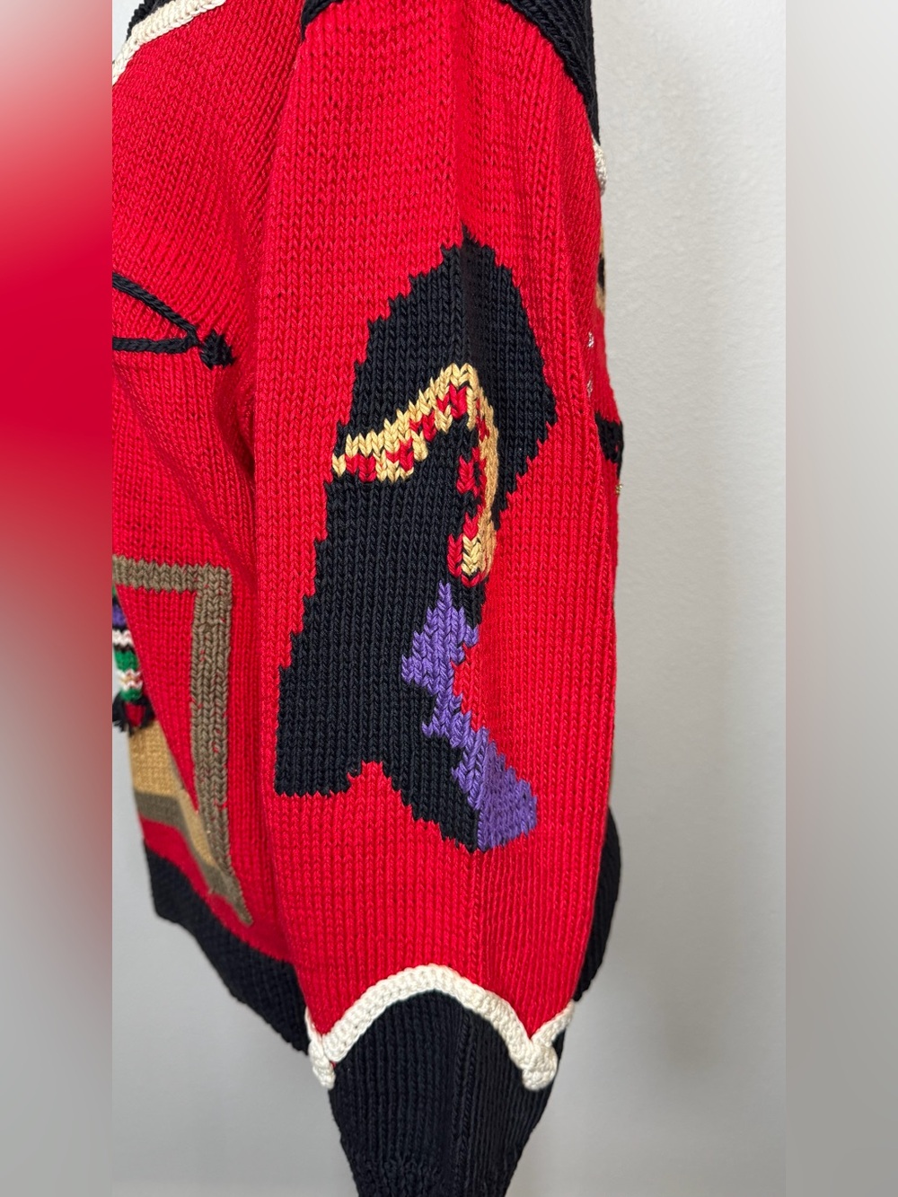 Vintage 80’s Berek Label Cowboy Rodeo Western Hand Knit Sweater Red Black Medium - Picture 7 of 15